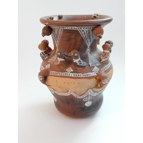 Vintage Southwestern Pottery Vase Birds Beads Hand Painted (shelf) - Picture 3 of 6